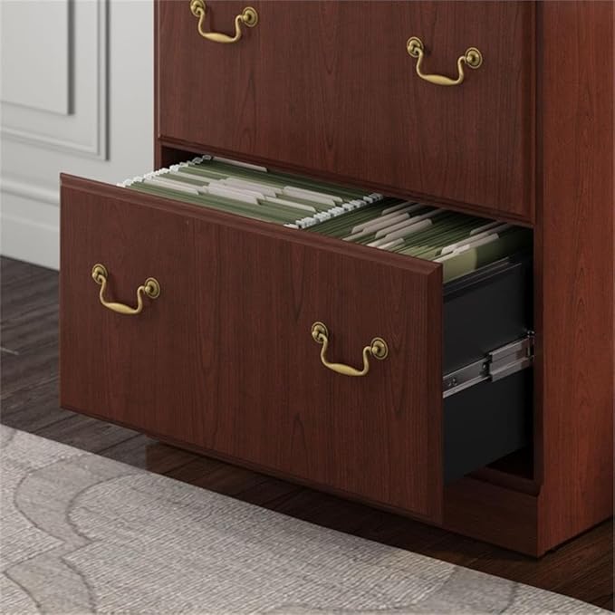 Pemberly Row L Shaped Office Desk Set, Engineered Wood, Harvest Cherry Finish, Includes 66W Desk with Drawers, 2 Five-Shelf Bookcases, 2-Drawer Lateral File Cabinet, Traditional Home Office Furniture