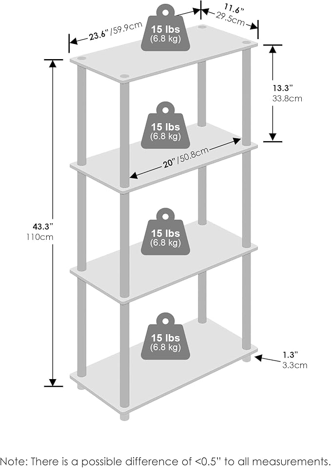 Furinno Turn-N-Tube Book Shelf, 4-Tier Bookshelf, Bookcase with Multipurpose Compact Display Rack, 11.6 x 23.6 x 43.2, for Living Room, Bedroom, Home Office, White/White
