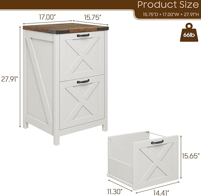 Vabches Vertical File Cabinet with 2 Drawers, Wooden Farmhouse Filing Cabinet for Letter/A4 Size Hanging Files, Under Desk Printer Stand with Storage for Home Office, Rustic White