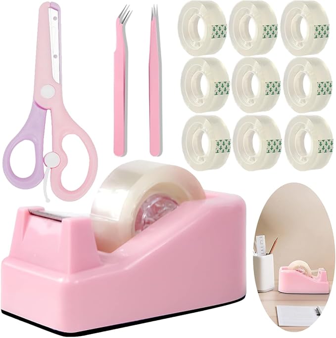 XEUZK Desktop Tape Dispenser Kits with Weighted Nonskid Base Tape Dispenser- Includes 9 Rolls of Transparent Tape(0.71 Inch x 500 inches Each) & Pink Scissors, 2 Pcs Tweezers (Pink)