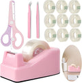 XEUZK Desktop Tape Dispenser Kits with Weighted Nonskid Base Tape Dispenser- Includes 9 Rolls of Transparent Tape(0.71 Inch x 500 inches Each) & Pink Scissors, 2 Pcs Tweezers (Pink)