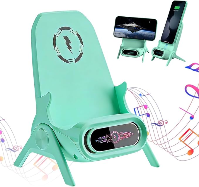 Mini Chair Wireless Fast Charger Multifunctional Phone Holder, 2026 New Wireless Fast Charger Phone Stand with Speaker, 3 in 1 Charging Desktop Stand for Cell Phones (Green)