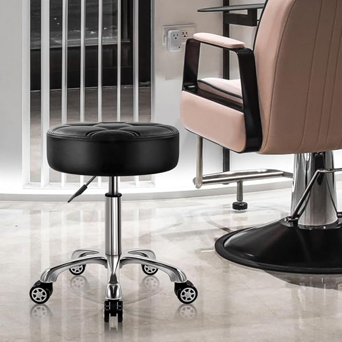 WKWKER Heavy Duty Rolling Stool with Wheels Hydraulic Lift 360 Swivel Adjustable Rolling Chair Thick Leather Ergonomic Seat Stool Chair for Kitchen Drafting Lab Office Salon Massage Black