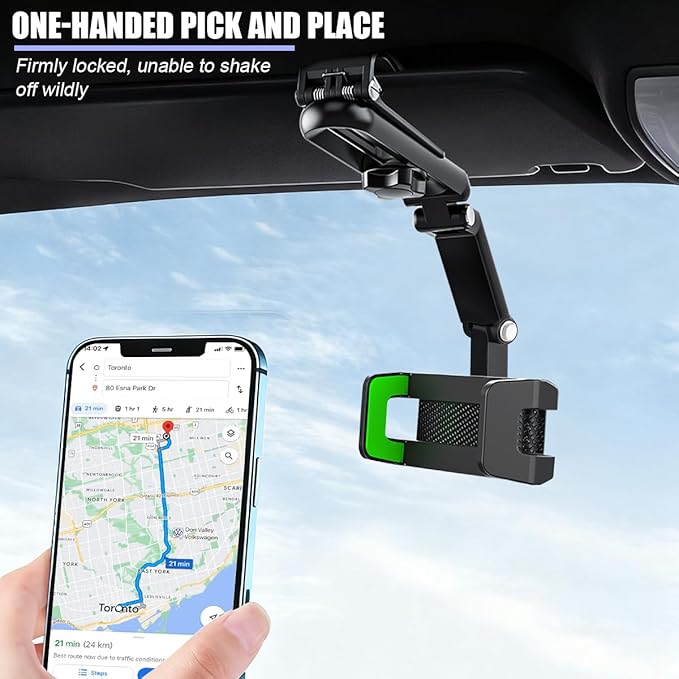 Car Sun Visor Phone Holder, Multifunctional 1080° Rotatable Retractable Vehicle Rearview Cell Phone Mount, Automotive Interior Visor Smartphone Holder, Universal for SUV RV Truck (Green)