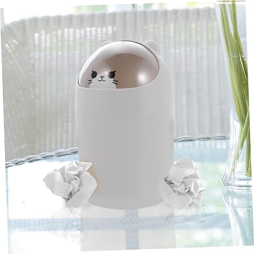 GLEAVI Cute Bear Desktop Trash Can Lid Mini Waste Bin for Office Bedroom and Table Slim Plastic Garbage Container for Home Use