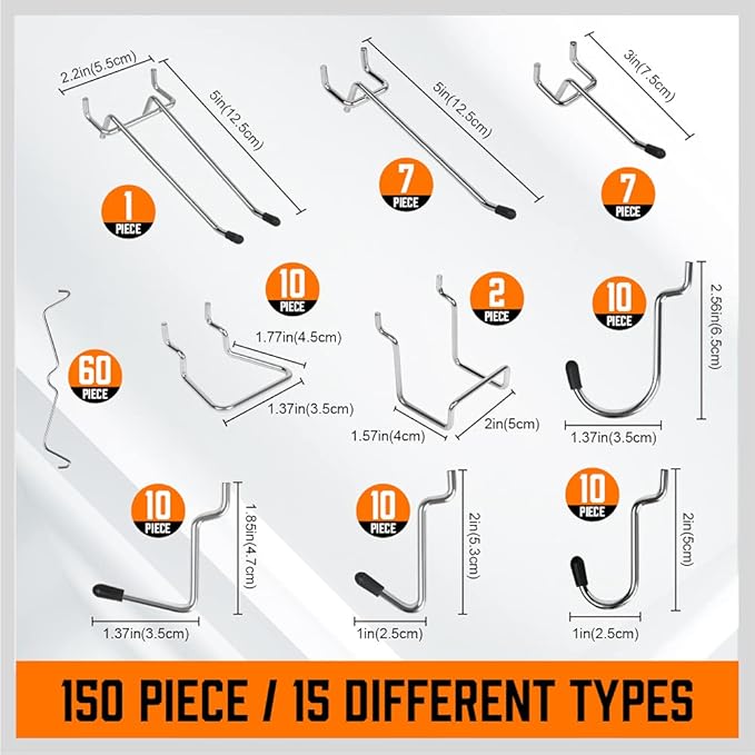 HORUSDY 150 PCS Pegboard Hooks Assortment Kit – 15 Types Heavy Duty Pegboard Accessories with Bins – Fits 1/8 & 1/4 Inch Pegboard Metal Hooks for Garage, Workshop, and Tool Organization