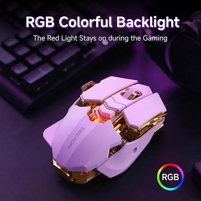 EWEADN G5 Wireless Gaming mouse, 12800 Adjustable DPI Ergonomic Mouse with 6 RGB Backlit Modes, Rapid Fire Key, 9 Programmable Macro Buttons, Rechargeable Bluetooth Mouse for PC/Mac/Laptop - White