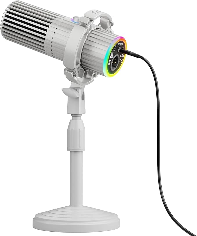 BASN USB/XLR Dynamic Microphone, Live Streaming, Gaming Recording with Three-in-One Mute Button,RGB Lighting and MIC Stand for PC (White) SL2000