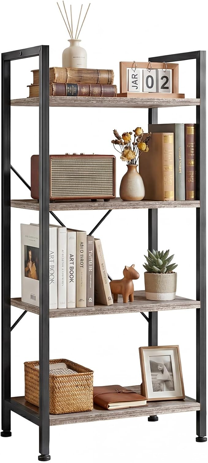 4 Tier Bookshelf, Free Standing Wooden Bookcase with Open Storage Shelves with Metal Frame, Sturdy Shelf Organization Display Rack for Living Room, Bedroom, Home Office, 39.4" Tall, Grey