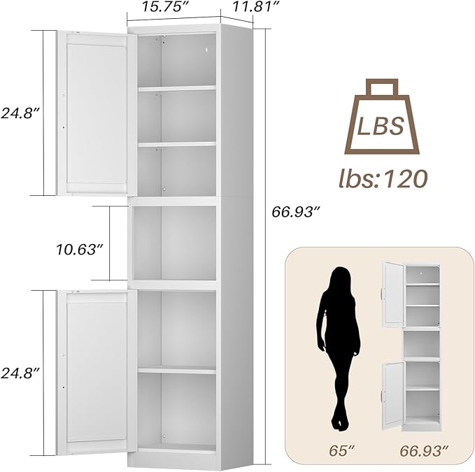 Metal Bathroom Storage Cabinet, 67" H Tall Narrow Bathroom Storage Cabinet, Slim Cabinet for Small Spaces, Bathroom, Pantry
