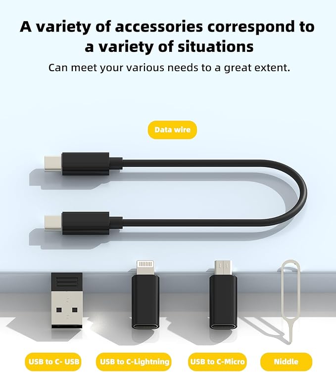 Travel Cord Adapter Kit Storage Box 60W USB C Fast Charging Cable(5in1)Micro USB Lightning 27W Charger Power Converter for iPhone 16 15 Multiport Data Transfer Portable External SIM Micro SD Card Slot