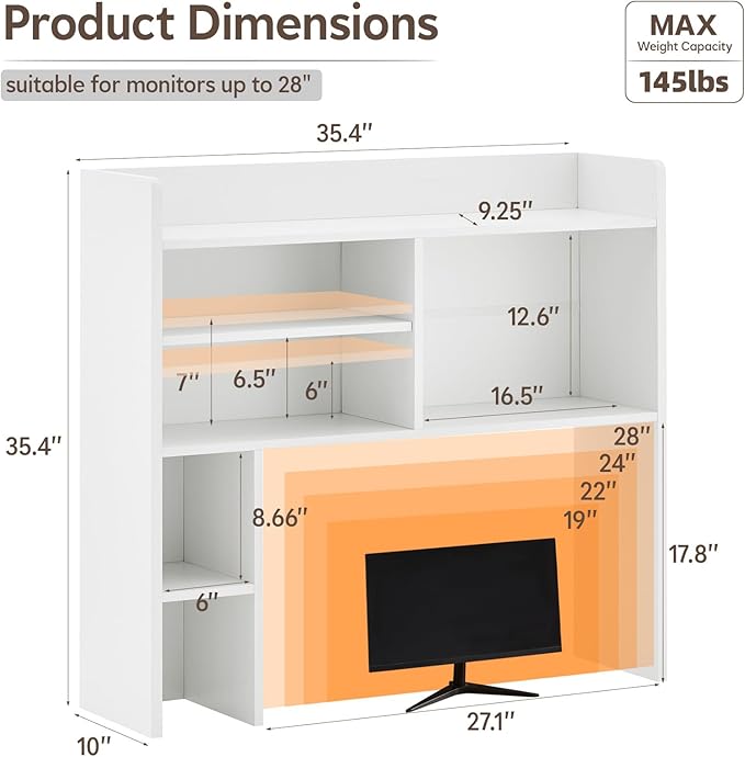 TUKAILAi Desktop Bookshelf Organizer, Countertop Storage Hutch with 7 Shelves for Desk, Dorm Desk Hutch Wood Display Rack for Home Office (White)