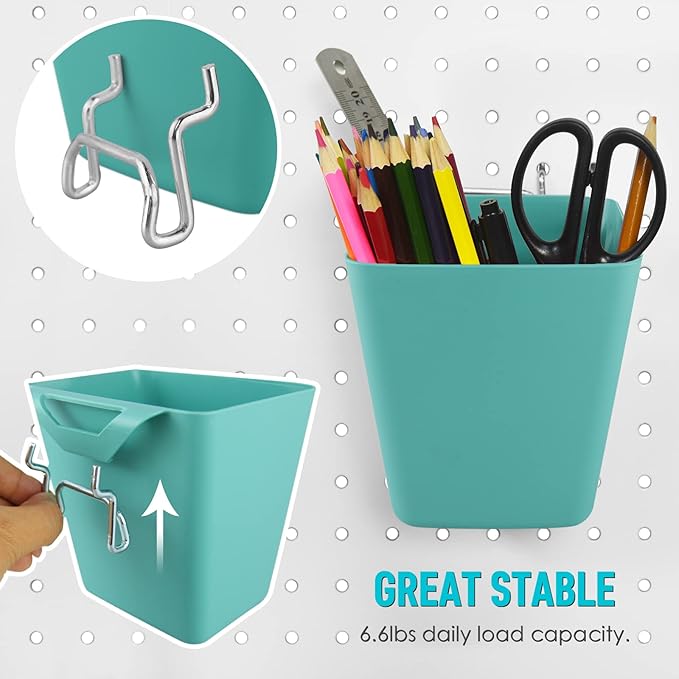 G.CORE Large Pegboard Cups Peg Board Storage Bin 6 Pack with Hooks, Square Box Shape Pegboard Cup Holder Accessories for Garage Workbench/Craft Room/Office/Playroom/Home Kitchen Organization (Green)