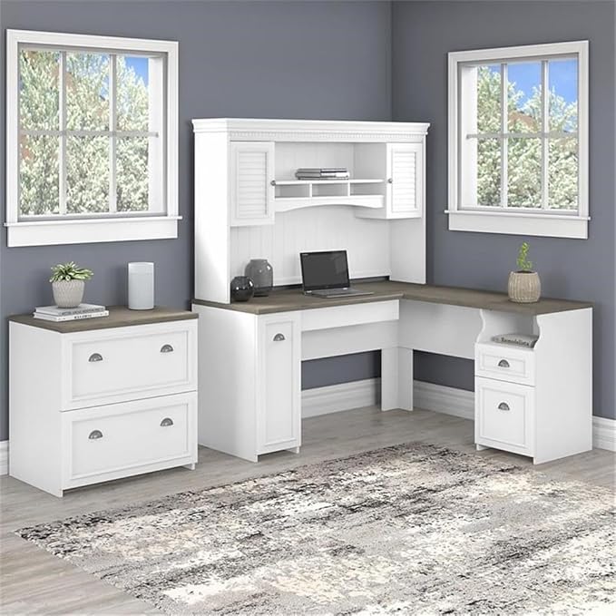 Pemberly Row 60W L Desk with Hutch and File Cabinet, Engineered Wood, White and Gray Finish, Farmhouse Style Office Furniture for Home Workspace, Ample Storage with Shelves and Drawers