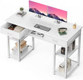 DUMOS 48" Small Computer Home Office Desk for Bedroom with Drawers, Gaming Writing Study Table with Storage Shelf, Adjustable Feet, Metal Frame White