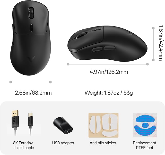 Rapoo VT3 Gen-2 Wireless Gaming Mouse, True 8K Wireless Polling Rate, 53g Lightweight, Up to 750 Hr Battery, Nordic nRF54L15 MCU, 100-Million Mechanical Switch, 10 Programmable Buttons, Macro Enabled