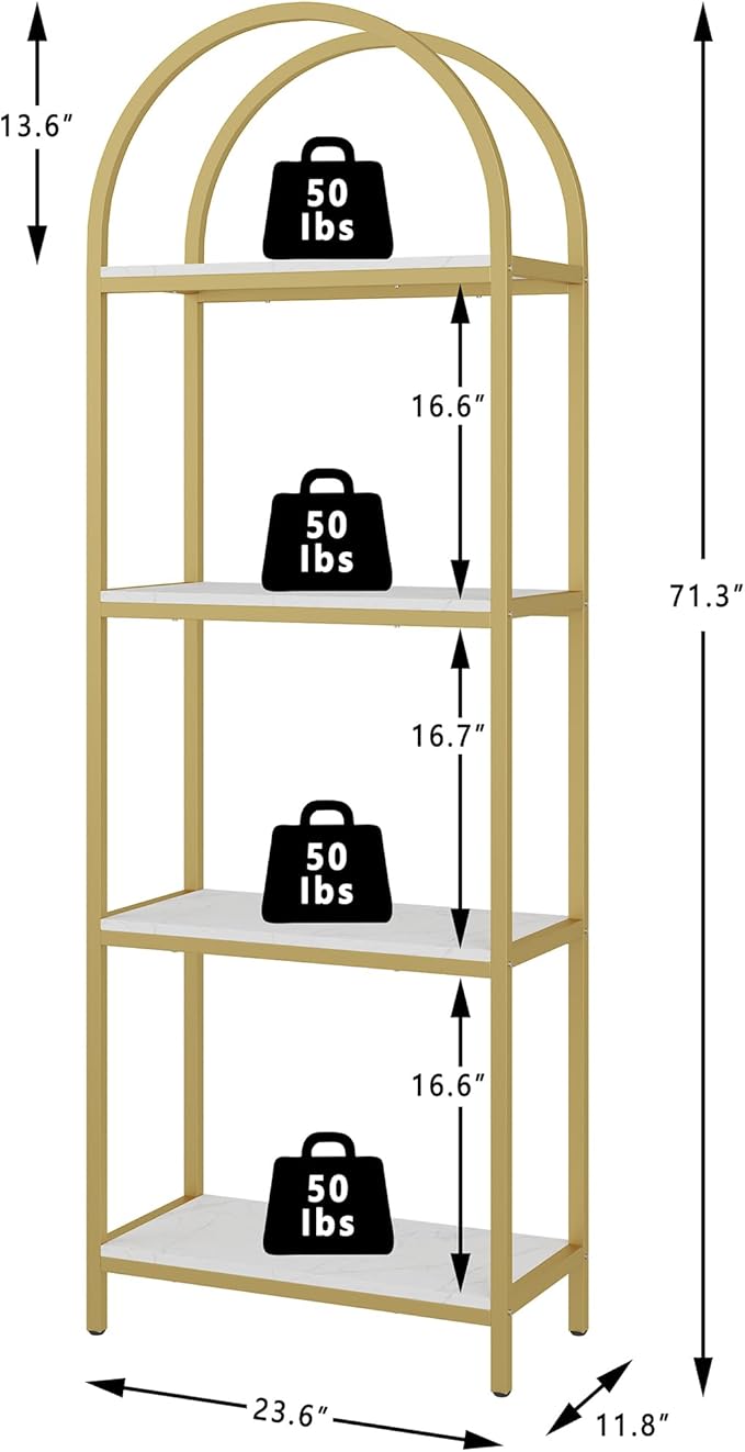 Yusong Bookshelf 4 Tier Arched Bookcase, 71.3" Tall Industrial Open Book Shelves for Living Room, Modern Freestanding Display Shelving Storage Rack Metal Frame, Office, Bedroom,Gold White