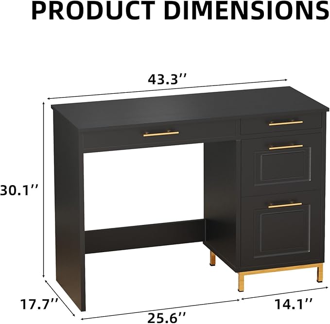 4 EVER WINNER Black Desk with Drawers, 43 Inch Writing Desk with Storage File Cabinet and Golden Handle, Home Office Desk for Bedroom, Black