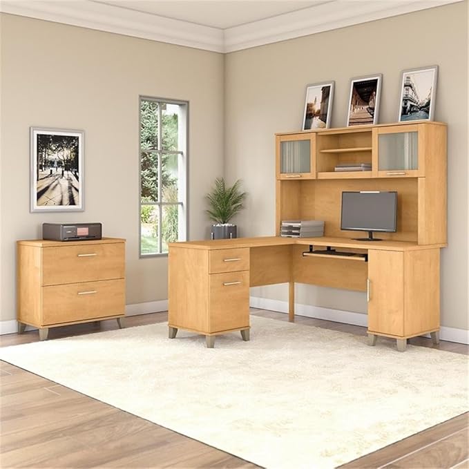 Pemberly Row 60W L Shaped Desk with Hutch and File Cabinet, Maple Cross Finish, Wood Construction, Frosted Glass Doors, Storage Drawers, Tapered Legs, Transitional Style Home Office Furniture Set