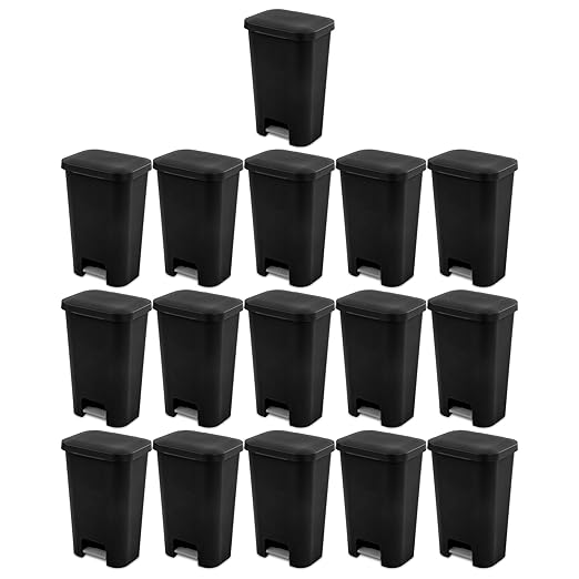 Sterilite 11.9 Gallon Rectangular Step On Kitchen Plastic Indoor Wastebasket with Wide Opening Lid and Comfort Handle for Home, Black (16 Pack)