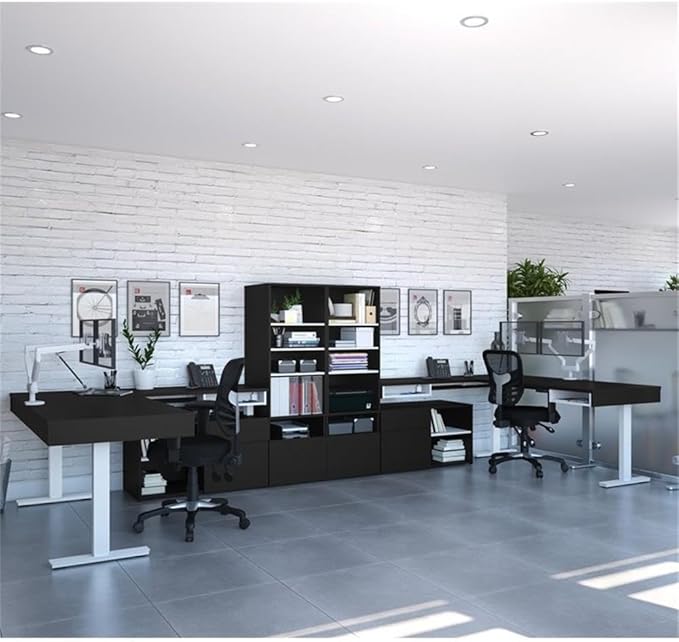 Pemberly Row 72" L-Shaped Standing Desk Set with Storage, Black Finish, Electric Adjustable Height Desk, Shelving Units, Credenzas, Dual Monitor Arms, Home Office Furniture