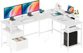 DUMOS 62 Inch L Shaped Gaming Desk with Charging Station & 2 Monitor Stands, Computer Desk with Drawer & Adjustable Storage Shelves, Large Corner Desk for Home Office, White