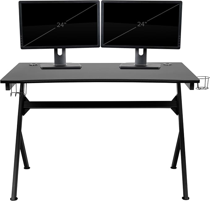 EMMA + OLIVER Black/Black Gaming Desk Set - Cup/Headset Holder/Reclining & Footrest