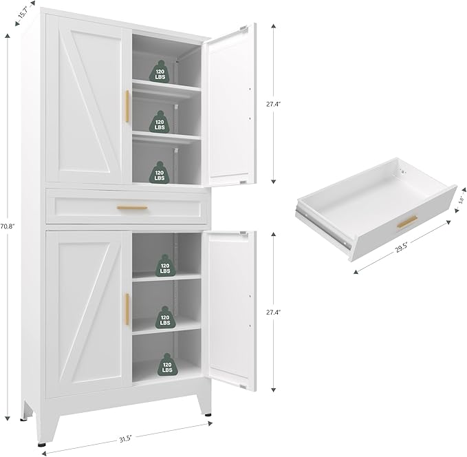 Washsemba 71 "Farmhouse Metal Filing Cabinet with a Drawer and 4 Adjustable Shelves, with 4 Large barn Door White Kitchen Cabinets, Metal Food Cabinets for Home, Kitchen, Dining/Living Room (White)