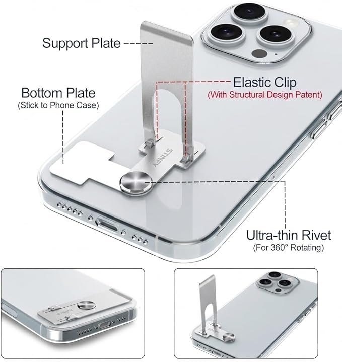 Phone Slim Stand Ultra Thin Kickstand, Unnoticeable Universal Vertical Horizontal Steel Metal Stable Mount Attachable Pocket Friendly Phone Holder for iPhone Samsung Phone Case (Sliver 2-Pack)