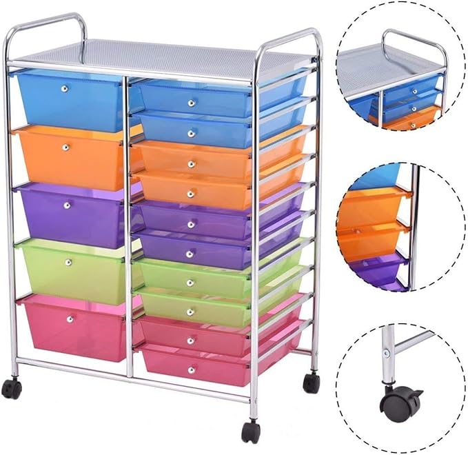 Moccha 15-Drawer Rolling Storage Cart - Under Desk Storage Drawers with wheels for Craft Art Supply Paper Salon, Scrapbook Paper Tools, Mobile Utility Cart for Classroom (15 Drawers, Rainbow)