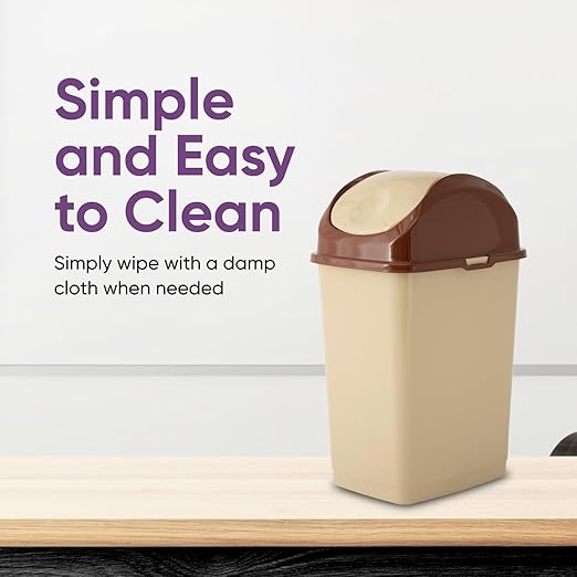 Superio Small 2.5 Gallon Plastic Trash Can with Swing Top Lid, Waste Bin for Under Desk, Office, Bedroom, Bathroom- 10 Qt, Beige/Brown