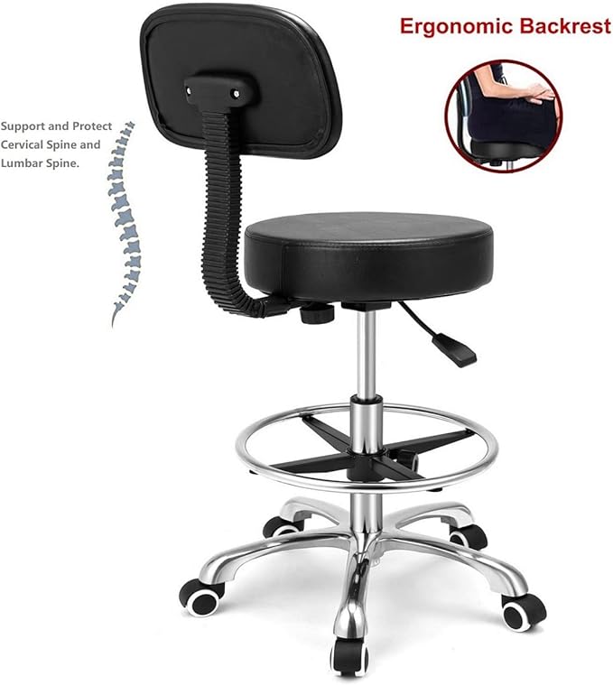 Kaleurrier Rolling Swivel Adjustable Heavy Duty Drafting Stool Chair for Salon Medical Kitchen Lab Clinic Dental Office and Home uses,with Wheels and Back Support (Black with Footrest)