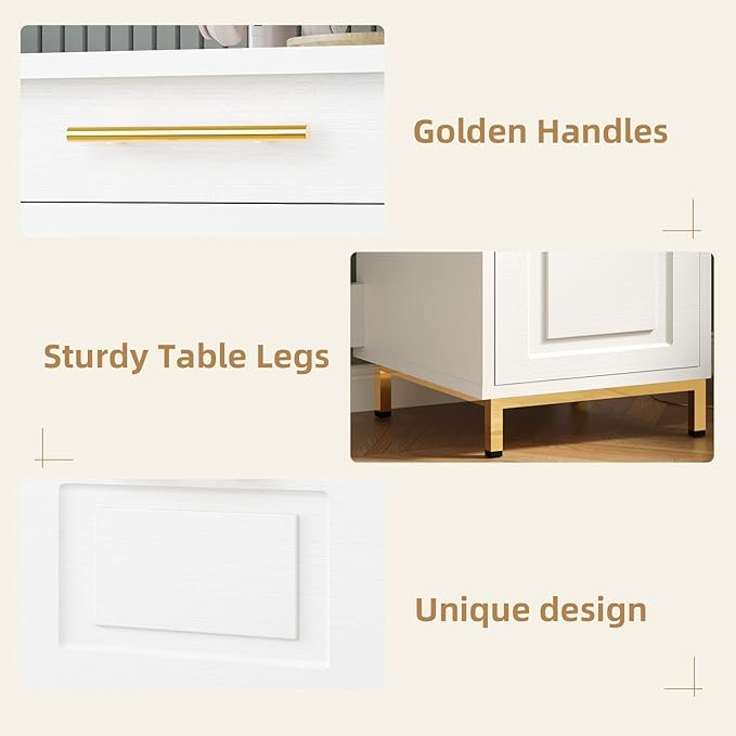4 EVER WINNER White Desk with Drawers, 44 Inch Computer Desk with Storage and Golden Handle, Writing Desk Sturdy Table for Home Office, White and Gold Desk