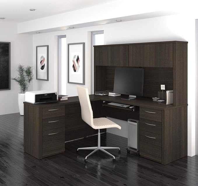 Bestar Embassy 72W L-Shaped Desk with Hutch and 2 Pedestals in Dark Chocolate