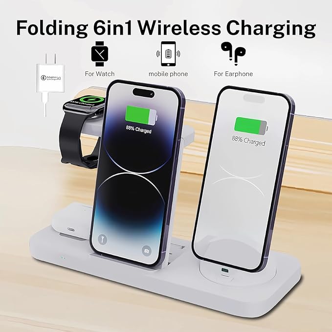 6-in-1 Fast Wireless Charging Station for iPhone 16/15/14/13, Apple Watch Ultra/9/8, AirPods Pro,18W Qi-Certified (B21-C-WHITE)