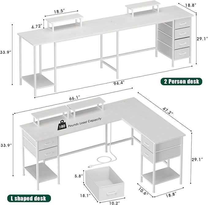 Korfile 66" L Shaped Computer Desk, 94.4'' Home Office Desk with Power Outlets, 4 Adjustable Storage Drawers & 2 Monitor Stands, Large Two Person Gaming Table for Writing Study, White