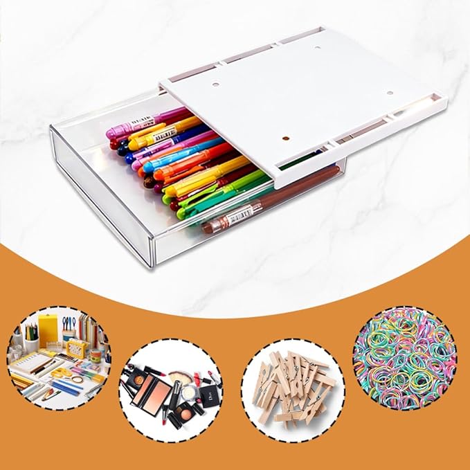 3 Pack Under Desk Drawer - Self-Adhesive Slide Out Organizer Tray, Hidden Stick-On Plastic Drawer for Office, Home, School & Kitchen