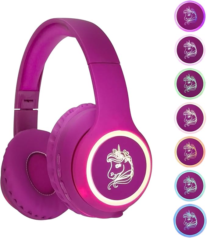 Unicorn Wireless Headphones, LED Light, up ，Kids Headphones Bluetooth with Microphone for School, Travel, Phone, Kindle, PC, TV, MP3 ((Violet)