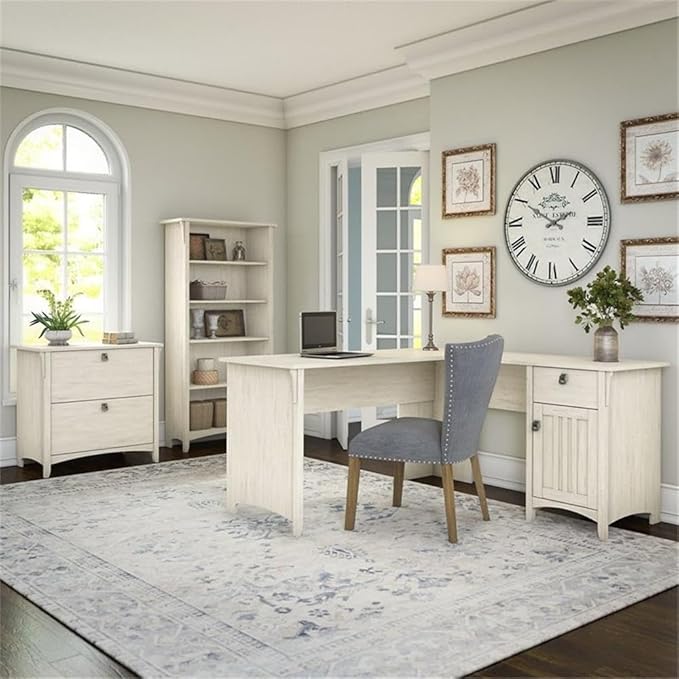 Pemberly Row Wood 60W L Shaped Desk with File Cabinet & Bookcase, Antique White Finish, Laminate Over Engineered Wood, Mission Style Home Office Furniture with Storage and Display