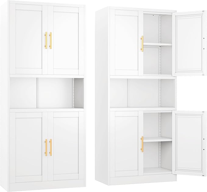 Ckzbx Pantry Cabinet 61" H Metal Kitchen Cabinet with 4 Doors, Bathroom Cabinets, 2 Adjustable Shelves for Kitchen, Home Office, Living Room, Dinning Room (White)