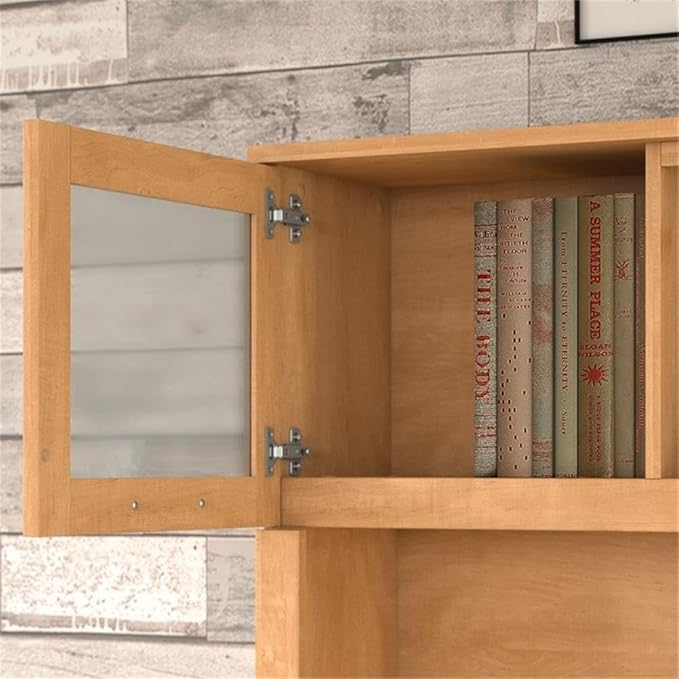 Scranton & Co Sit to Stand L-Shaped Desk, 72W Desk with Drawers, 42W Lift-n-Lock Return, Hutch with Frosted Glass Doors, 5-Shelf Bookcase, Maple Finish, Ergonomic Office Furniture Set