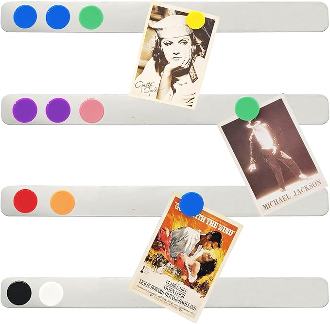 Magnetic Board Strip Frameless Stainless Steel Iron Strips with Adhesive Backing, 4PCS Magnetic Bulletin Bar Memo Board with 10PCS Colorful Magnets for School, Office, Home, Refrigerator & Wall