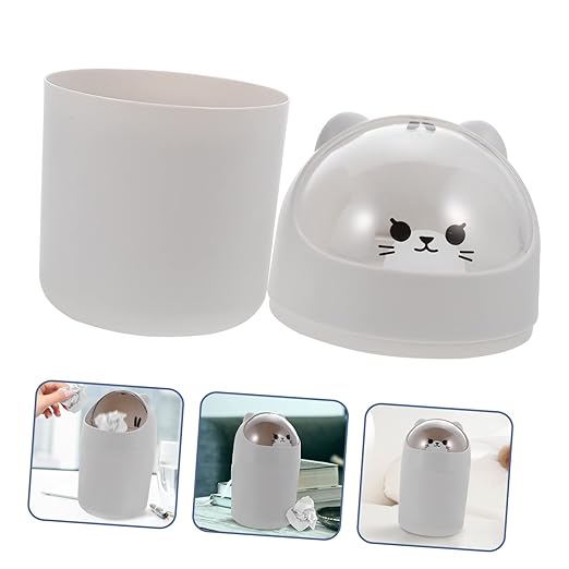 ULTECHNOVO Cartoon Bear Desktop Trash Can Lid Slim Mini Garbage Bin for Office and Bedroom Cute Plastic Waste Container