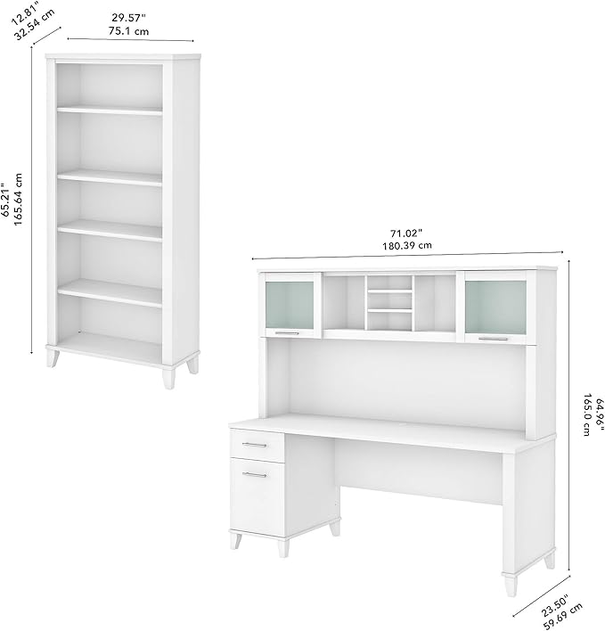 Bush Furniture Somerset 72W Office Desk with Hutch and 5 Shelf Bookcase in White