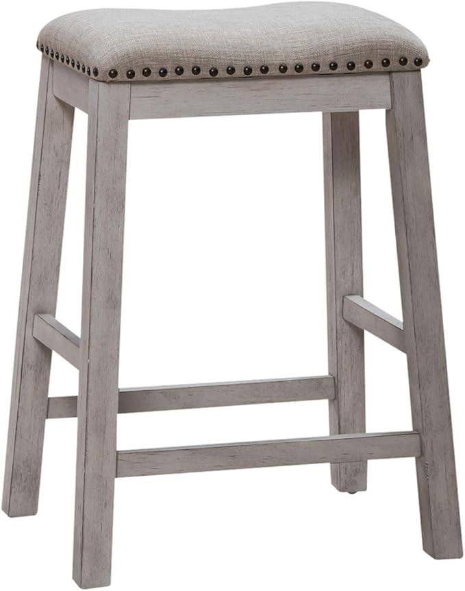 Liberty Furniture Brook Creek 5 Piece Counter Height Bookcase Table - Kitchen Dining Set Transitional 4 Upholstered Saddle Stools - White & Wood Tone Tops
