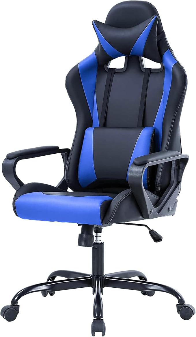 PayLessHere Ergonomic Racing Desk Chair Gaming Chair Computer Chair with Armrests 360° Swivel & Caster Pu Desk Task Chair Executive Headrest Lumbar Support for Back Pain Women Men and Adults, Blue