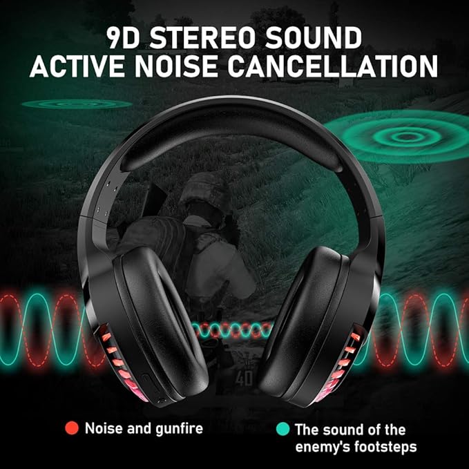 Wireless Bluetooth Headphone with Noise Cancellation HiFi Stereo Sound Mic Deep Bass Protein Earpad Rainbow RGB Backlight Rechageable Over Ear Headset for PC Mac Game Travel Class Home Office(Black)
