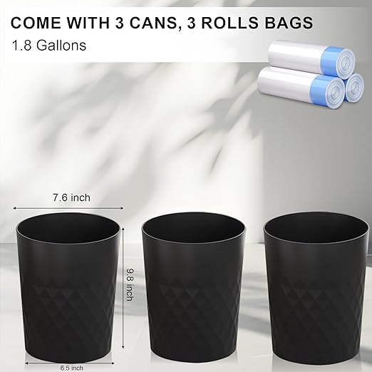 JiatuA 3 Pack Small Trash Can with Trash Bags Bathroom Garbage Bin Round Plastic Waste Basket for Kitchen, Bedroom, Office, College Dorm, Craft Room, Black