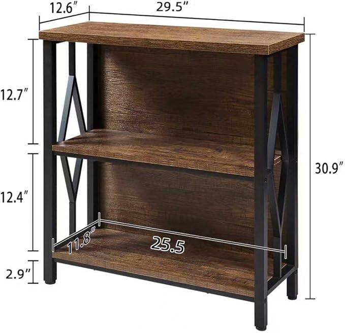 HOMISSUE Bookshelf, 3-Tier Rustic Small Bookcase, Industrial Shelf Bookshelf with Engineered Wood Shelves, Low Bookcase with Storage, Small Shelf for Living Room, Bedroom and Office, Rustic Brown