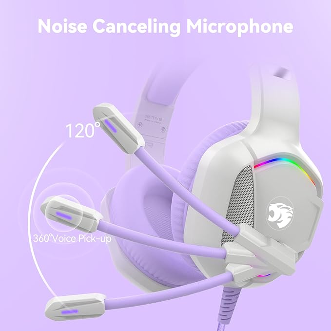 Gaming Headset with Microphone for Pc, Xbox One Series X/s, Ps4, Ps5, Switch, Stereo Wired Noise Cancelling Over-Ear Headphones with Mic, RGB, for Computer, Laptop, Mac, Nintendo (Purple)